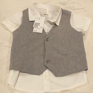 H&M Toddler boy short sleeve collared shirt, grey vest, grey shirt set